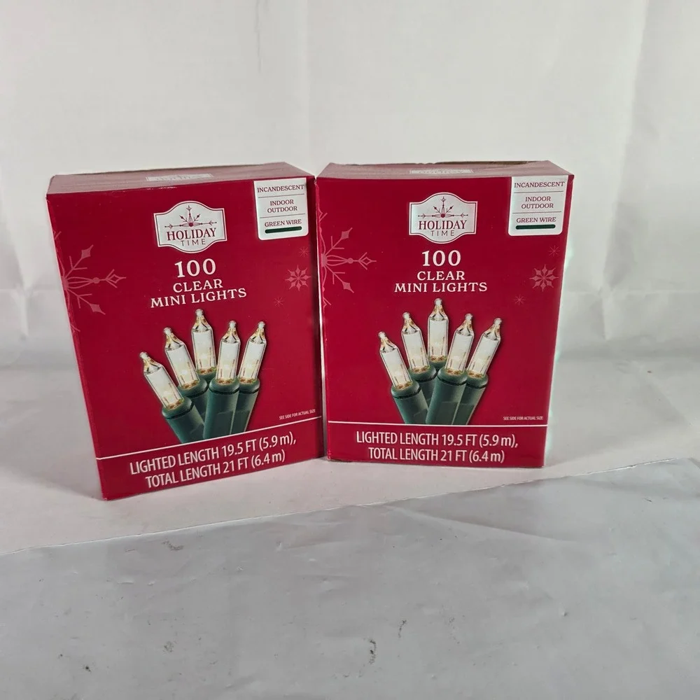 2 Pack Holiday Time 100 Clear Mini Lights Boxed Green Wire Indoor Outdoor 21 FT